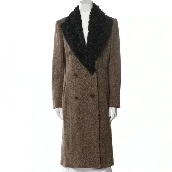 Ralph Lauren Collection Purple Label Wool Coat Shearling Fur Collar Trench Tweed - Picture 6 of 16
